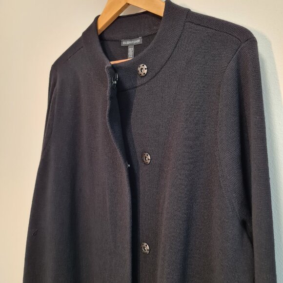 Eileen Fisher NEW Cardigan Sweater 100% Wool Leather Cuffs XL NWT Black Coat - Picture 9 of 13